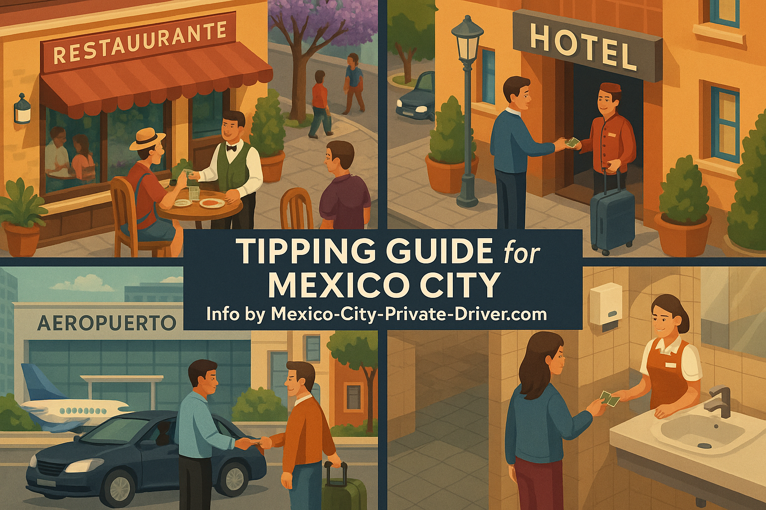 Tourist tipping a waiter, hotel bellboy, driver, and bathroom attendant in Mexico City illustrated in a colorful isometric city scene