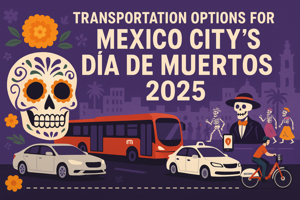 Illustration showing transportation tips for Mexico City during Día de Muertos 2025, including traffic detours, parade zones, and festive visuals.