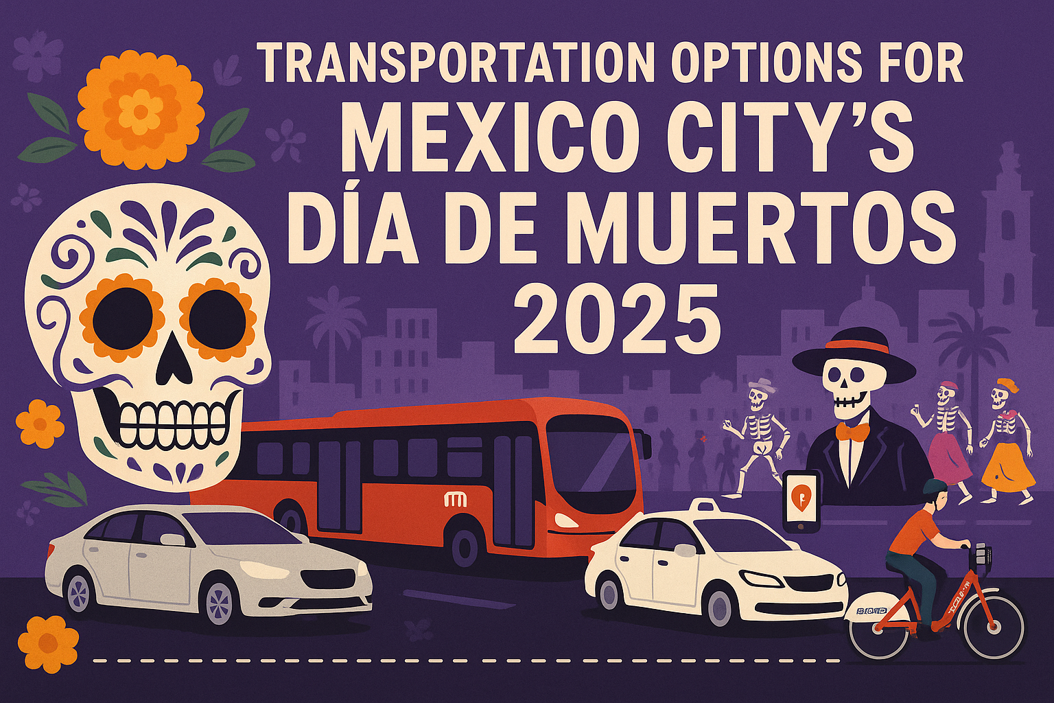 Illustration showing transportation tips for Mexico City during Día de Muertos 2025, including traffic detours, parade zones, and festive visuals.