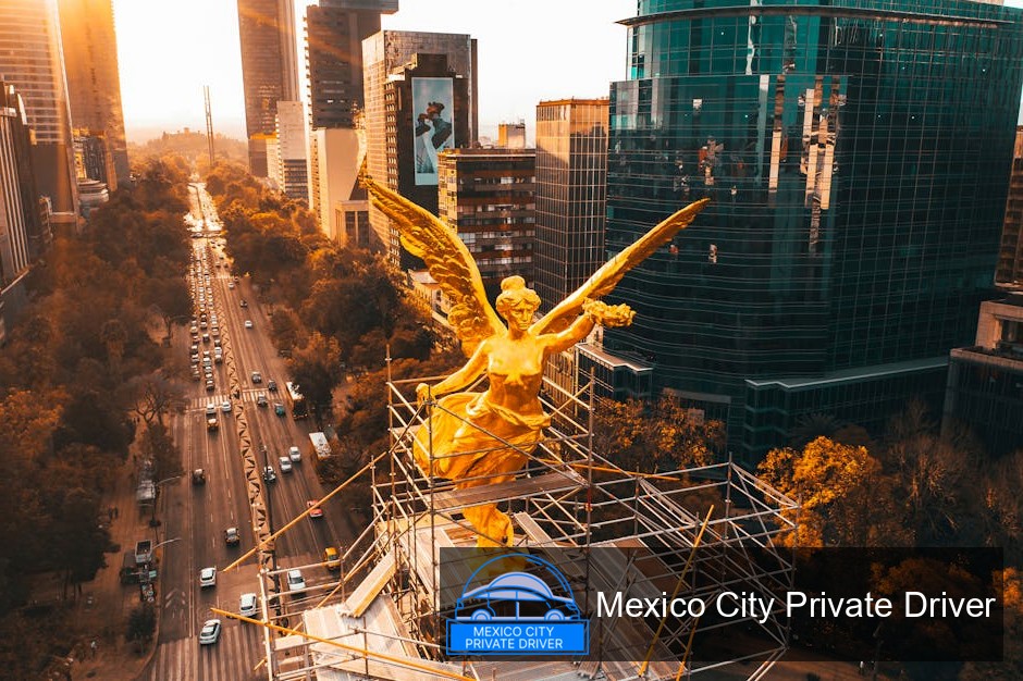 The bronze angel statue atop Ángel de la Independencia gleams under the sunlight, showcasing intricate details and historical significance.
