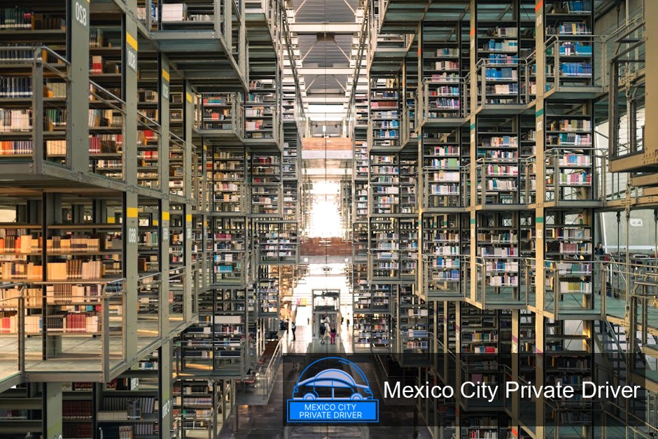 A panoramic view of Biblioteca Vasconcelos showcasing its vast bookshelves and modern design elements.