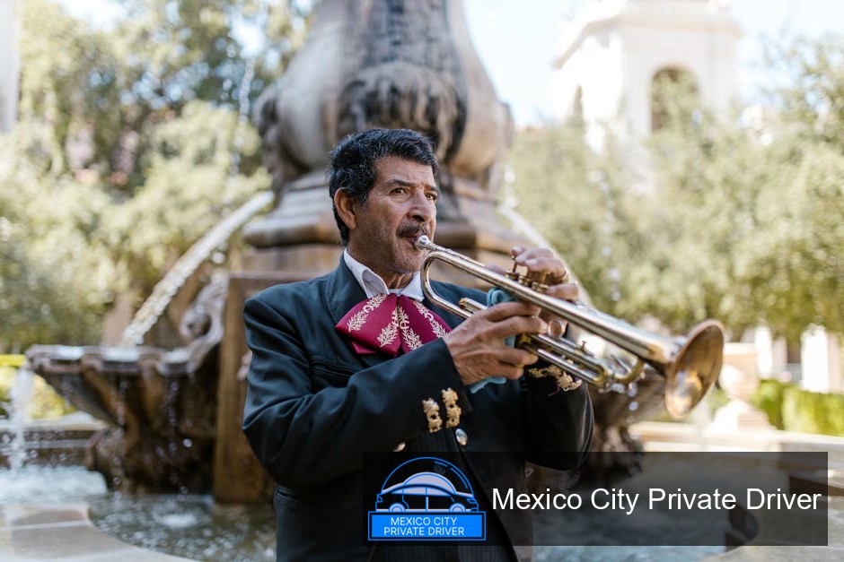 A lively group of mariachi musicians in traditional attire playing instruments at Plaza Garibaldi, Mexico City.