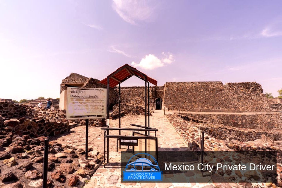 The Pyramid of the Sun bathed in golden light during sunrise at Teotihuacán, surrounded by ancient ruins and clear skies.