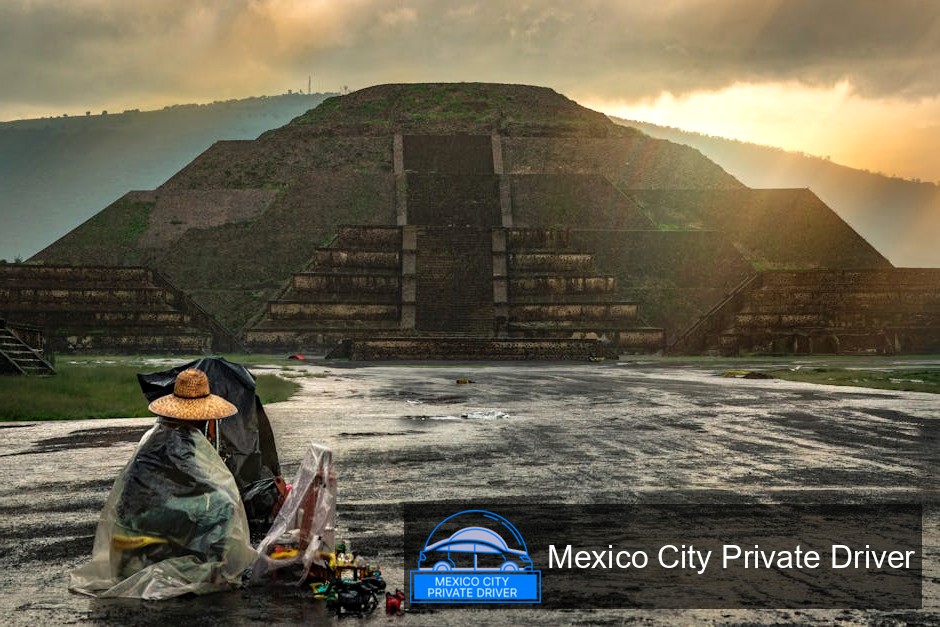 The Pyramid of the Sun and the Pyramid of the Moon at Teotihuacán, surrounded by ancient ruins and vibrant green landscapes.