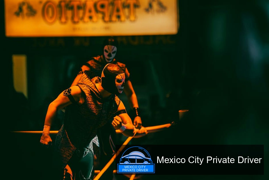 Vibrant Lucha Libre masks and wrestling attire displayed at Arena México.